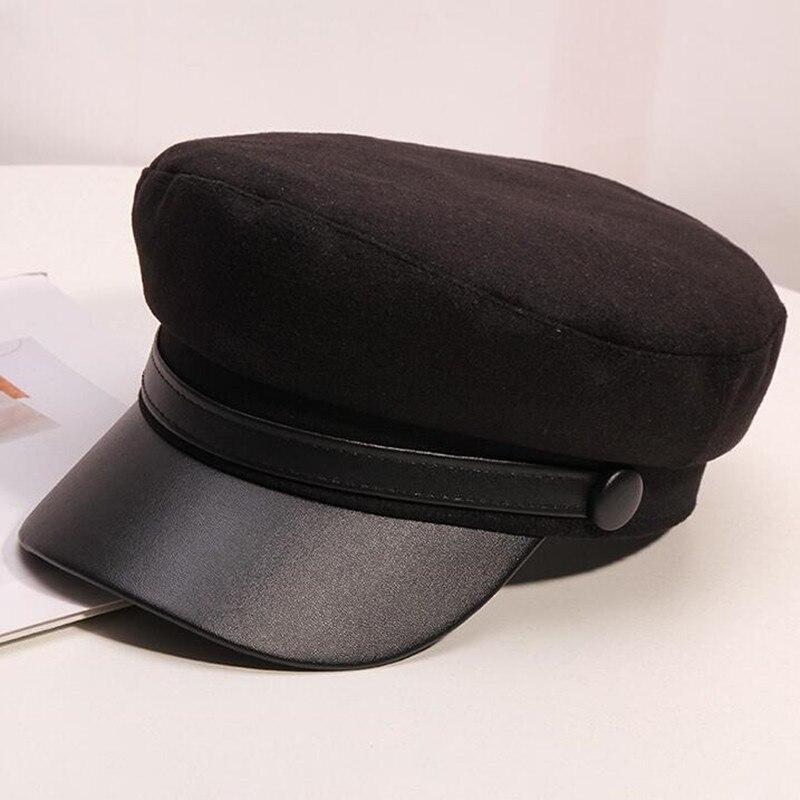 Women's Simple Woollen Leather Flat Top Korean Fashion Military Navy Hats  -  GeraldBlack.com