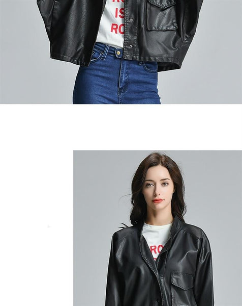 Women's Single Breasted Long Sleeve Synthetic Leather Casual Motorcycle Jacket - SolaceConnect.com