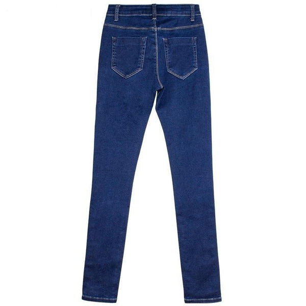 Women's Skinny Elastic Fashion Hole Beading Dark Blue Full Slim Pencil Jeans - SolaceConnect.com