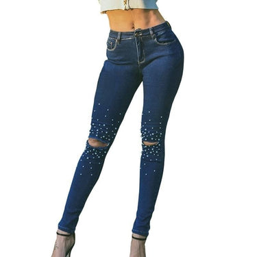 Women's Skinny Elastic Fashion Hole Beading Dark Blue Full Slim Pencil Jeans  -  GeraldBlack.com