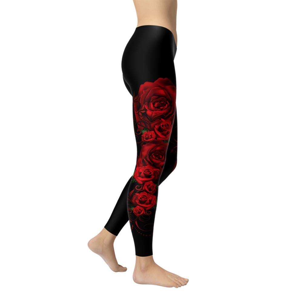 Women's Skinny Polyester Red Rose Pattern Printed Elastic Fitness Leggings - SolaceConnect.com