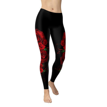 Women's Skinny Polyester Red Rose Pattern Printed Elastic Fitness Leggings  -  GeraldBlack.com