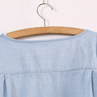 Women's Slant Oblique Button Irregular Roll Up Sleeve Washed Blue Blouse  -  GeraldBlack.com