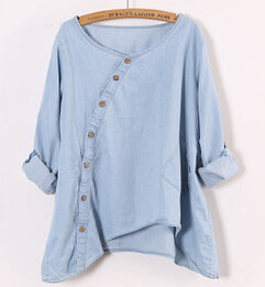 Women's Slant Oblique Button Irregular Roll Up Sleeve Washed Blue Blouse - SolaceConnect.com