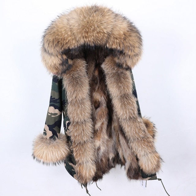 Women's Slim Fit Hooded Winter Jacket with Natural Raccoon Fur Collar  -  GeraldBlack.com