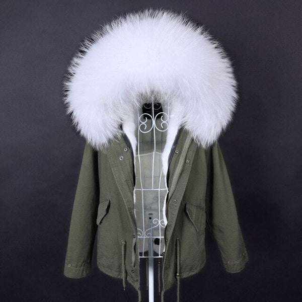 Women's Slim Fit Long Sleeved Winter Jacket with Natural Raccoon Fur Collar  -  GeraldBlack.com