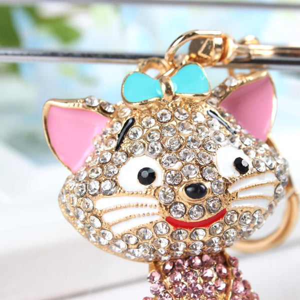 Women's Smiling Standing Cat Rhinestone Crystal Purse Bag Key Ring Chain - SolaceConnect.com