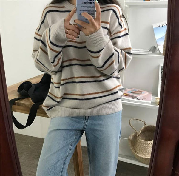 Women's Soft Cotton Autumn O-Neck Striped Chic Pullover Sweaters - SolaceConnect.com