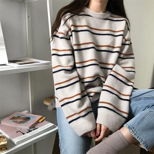 Women's Soft Cotton Autumn O-Neck Striped Chic Pullover Sweaters - SolaceConnect.com