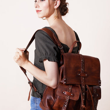 Women's Soft Top Layer Cowhide Handmade Rivet Decor Travel Backpacks  -  GeraldBlack.com