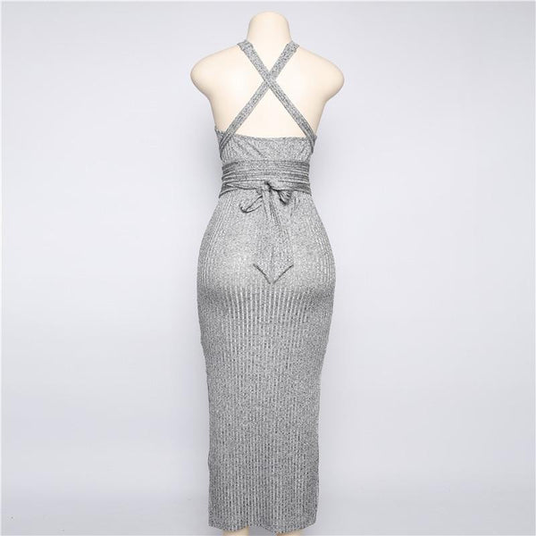 Knitted Halter Belt Scoop Back Dress Women Autumn Side Split Backless Solid Strap Dresses Sheath - SolaceConnect.com