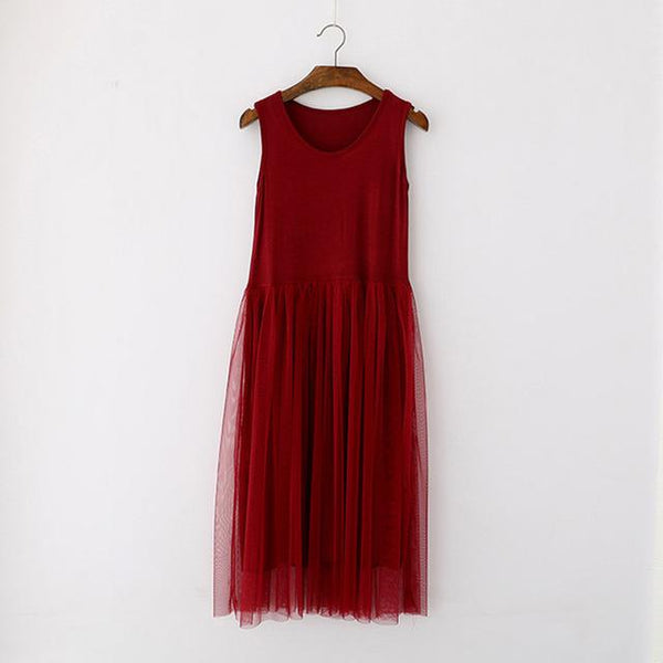 Women's Spaghetti Strap Patchworked Gauze Lace Mesh Basic Tank Dress - SolaceConnect.com