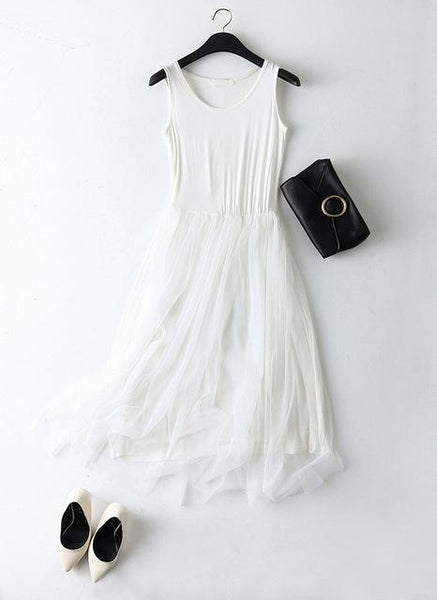 Women's Spaghetti Strap Patchworked Gauze Lace Mesh Basic Tank Dress - SolaceConnect.com
