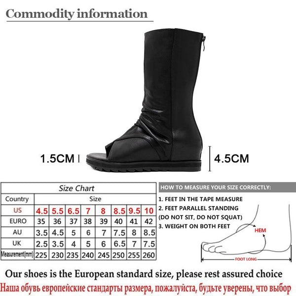 Women's Spring Autumn Black Mid-Calf Boots with Open Toe and Zipper - SolaceConnect.com