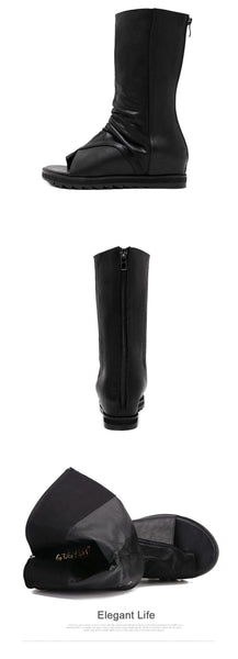 Women's Spring Autumn Black Mid-Calf Boots with Open Toe and Zipper - SolaceConnect.com