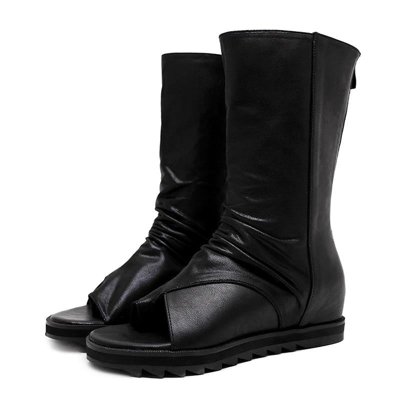 Women's Spring Autumn Black Mid-Calf Boots with Open Toe and Zipper  -  GeraldBlack.com