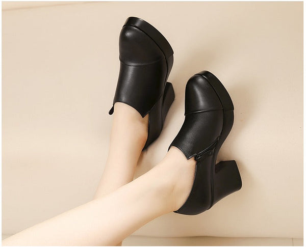 Women's Spring Autumn Genuine Leather Shoes with Thick High Heels  -  GeraldBlack.com