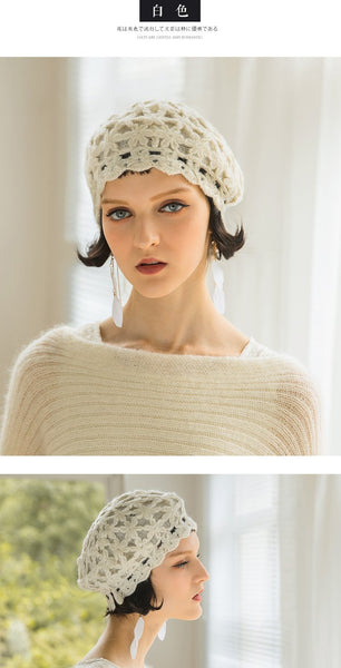 Women's Spring Autumn Knitted Korean Double-Decker Flower Berets Caps - SolaceConnect.com