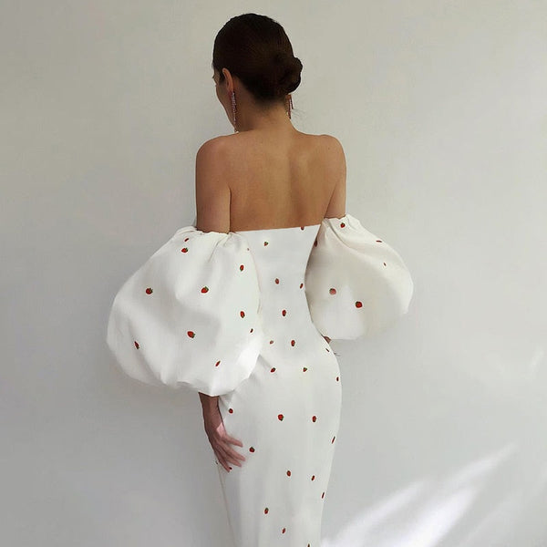Women's Strawberry Print Lantern Sleeves Off Shoulder Mid Calf Party Dress - SolaceConnect.com