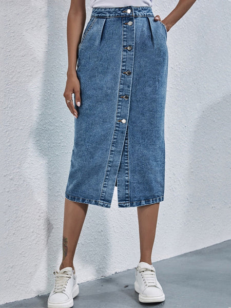 Women's Streetwear Button Up High Waist Slit Denim Long Skirt  -  GeraldBlack.com
