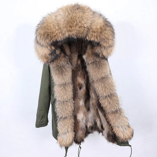 Women's Stylish Hooded Winter Jacket with Natural Raccoon Fur Collar  -  GeraldBlack.com