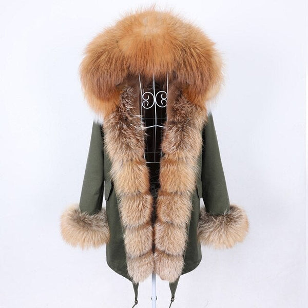 Women's Stylish Natural Fur Collar Hooded Long-Sleeved Solid Color Jacket  -  GeraldBlack.com