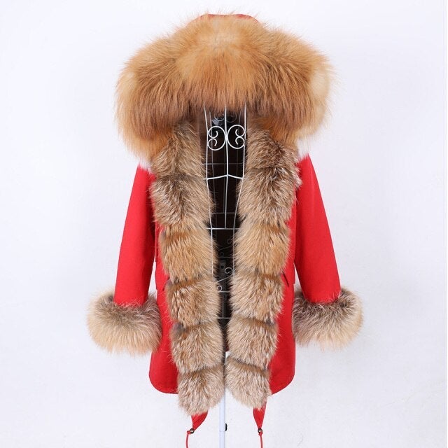 Women's Stylish Natural Fur Collar Hooded Long-Sleeved Winter Jacket in Red  -  GeraldBlack.com