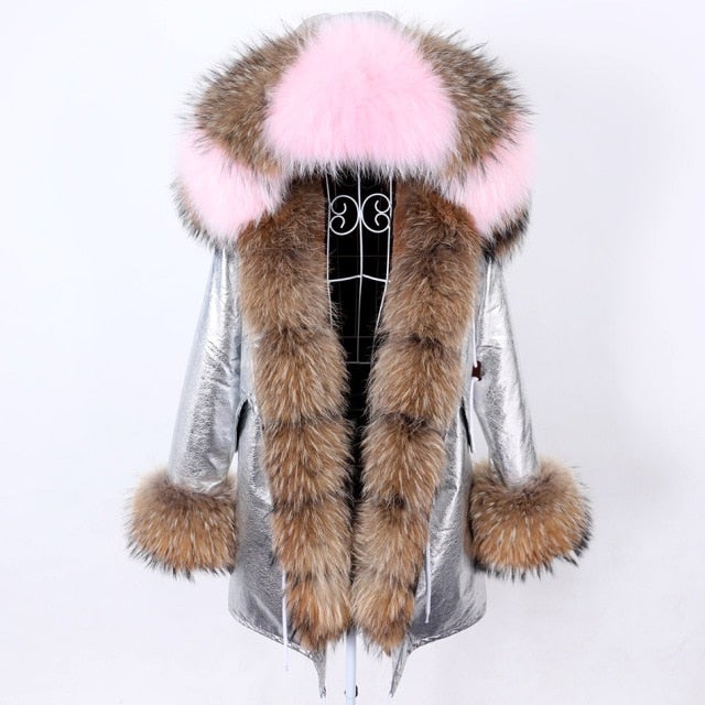 Women's Stylish Silver Color Hooded Long-Sleeved Winter Jacket with Fur Collar  -  GeraldBlack.com