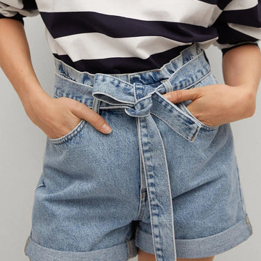Women's Summer Cotton Curly Belts Pockets High Waist Denim Shorts  -  GeraldBlack.com
