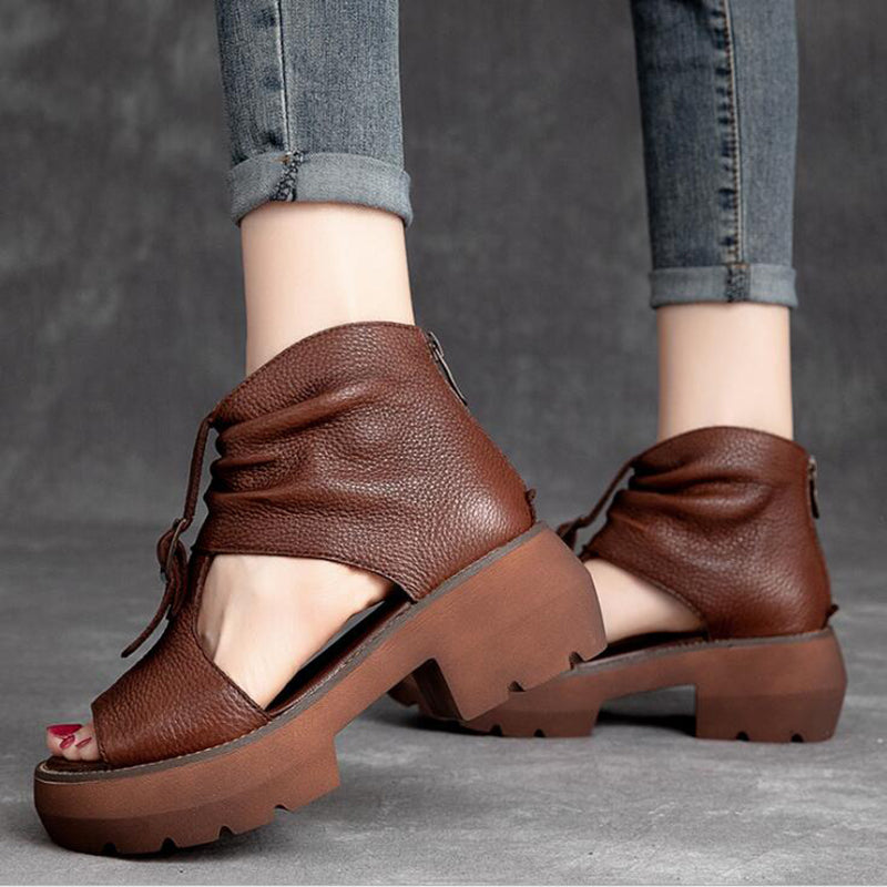 Women's Summer Genuine Leather Brown Peep Toe Gladiator Platform Shoes on Clearance  -  GeraldBlack.com