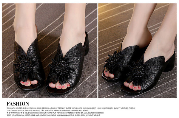 Women's Summer Handmade Genuine Leather Flower Square High Heels  -  GeraldBlack.com