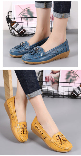 Women's Summer Leather Moccasins Casual Soft Boat Low Heel Flats  -  GeraldBlack.com