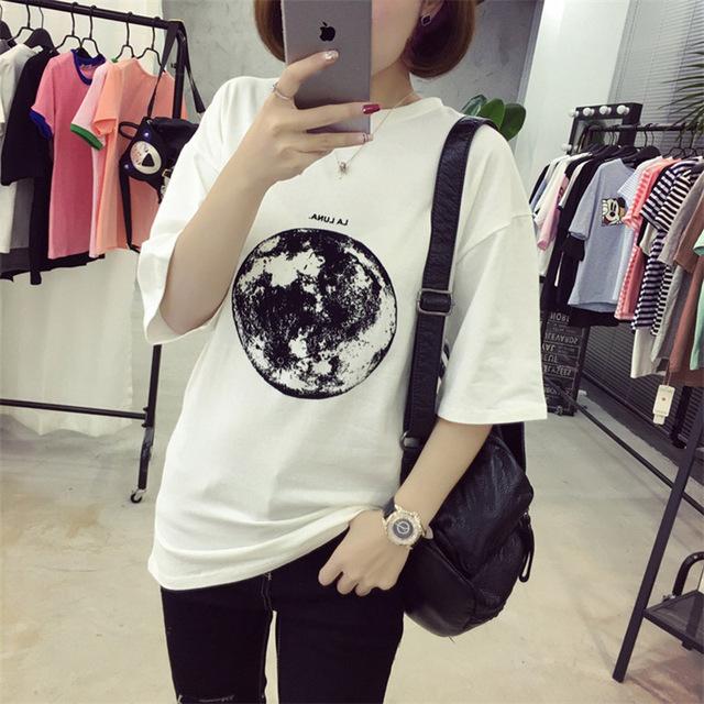 Women's Summer Personality Planet Moon Printed Loose Slim T-Shirts - SolaceConnect.com
