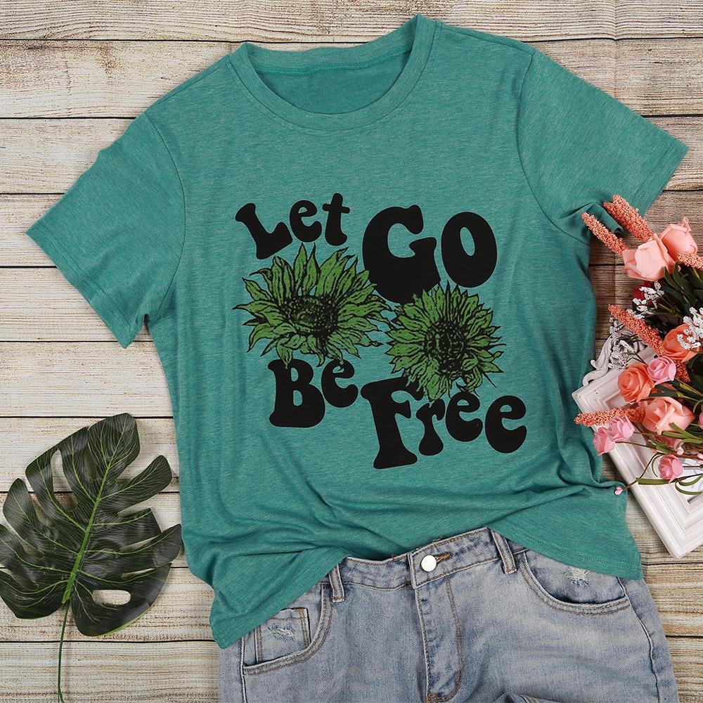 Women's Summer Short Sleeve Sunflower Let Go Be Free Printed T-shirt - SolaceConnect.com