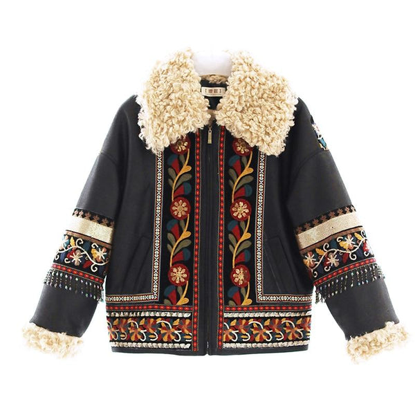 Women's Synthetic Leather Beaded Embroidery National Long Sleeve Coat - SolaceConnect.com