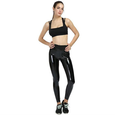 Women's Synthetic Leather Slim High Waist Skinny Leggings with Wet Look - SolaceConnect.com