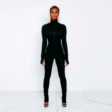 Women's Thick Cotton Ribbed Long Sleeves Stacked Leg Jumpsuit Club Wear  -  GeraldBlack.com