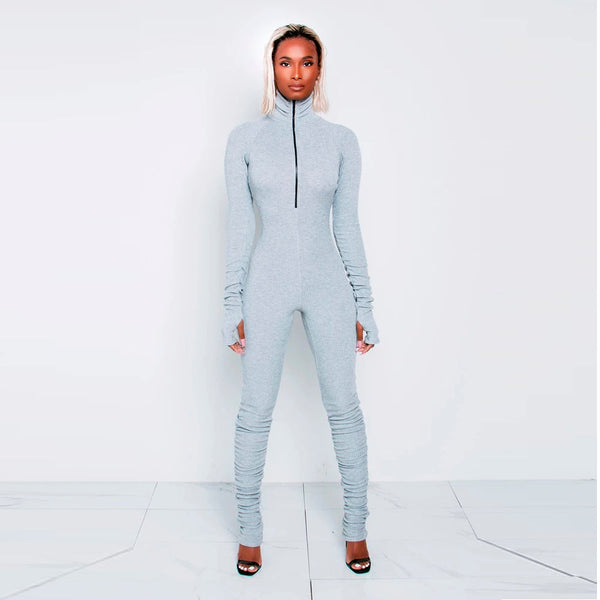 Women's Thick Cotton Ribbed Long Sleeves Stacked Leg Jumpsuit Club Wear  -  GeraldBlack.com