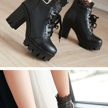 Women's Thick High Heels Platform Ankle Boots with Lacing Round Toe - SolaceConnect.com