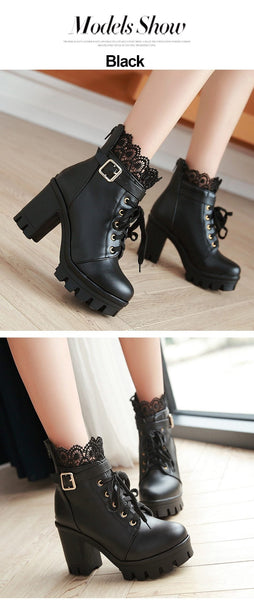 Women's Thick High Heels Platform Ankle Boots with Lacing Round Toe - SolaceConnect.com