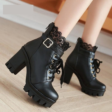 Women's Thick High Heels Platform Ankle Boots with Lacing Round Toe  -  GeraldBlack.com