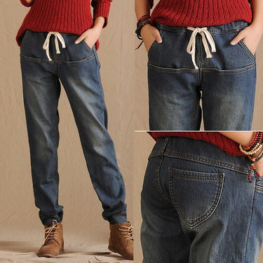 Women's Thick Velvet Elastic Waist Harem Pants Paneled Loose Jeans  -  GeraldBlack.com