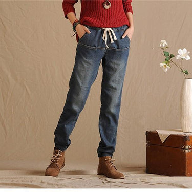 Women's Thick Velvet Elastic Waist Harem Pants Paneled Loose Jeans - SolaceConnect.com