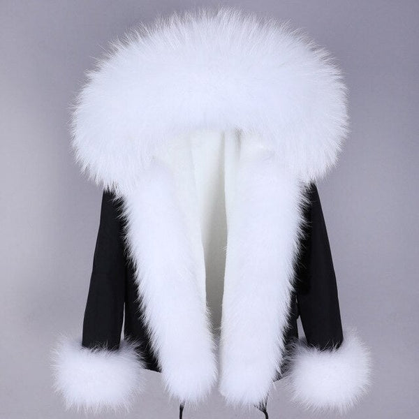 Women's Thick Warm Contrasting Natural Racoon Fur Sleeves and Collar Parkas  -  GeraldBlack.com