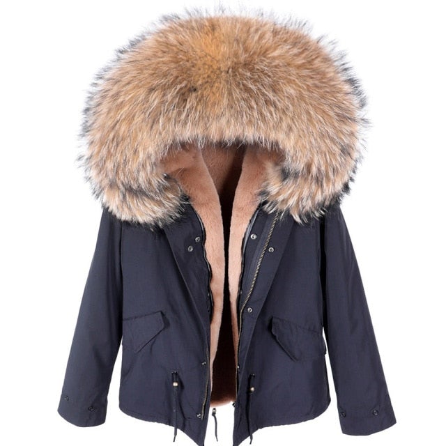 Women's Thick Warm Long-Sleeved Natural Raccoon Fur Collared Winter Jacket  -  GeraldBlack.com