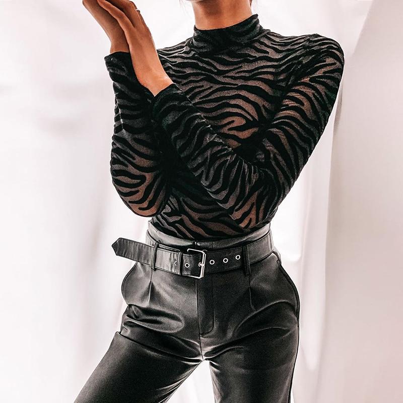 Women's Transparent Black Mesh Stripe Long Sleeves Skinny Bodysuit Rompers  -  GeraldBlack.com