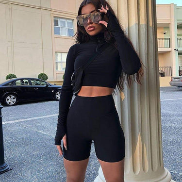Women's Two-Piece Sexy Crop Top and Short Set with Long Sleeve High Neck  -  GeraldBlack.com