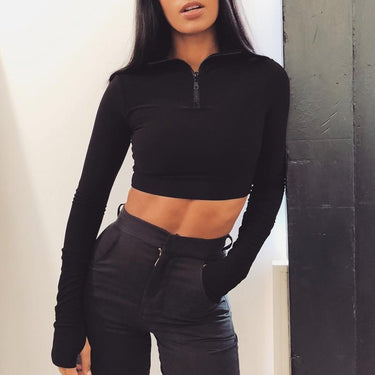 Women's Two-Piece Sexy Crop Top and Short Set with Long Sleeve High Neck - SolaceConnect.com