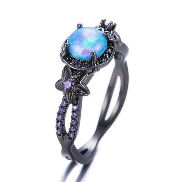 Women's Vintage Black Gold Filled Purple Blue Fire Opal Star Flower Rings - SolaceConnect.com