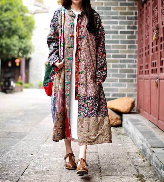 Women's Vintage Cotton Linen Flower Chinese Style Long Sleeve Mid-calf Coat - SolaceConnect.com